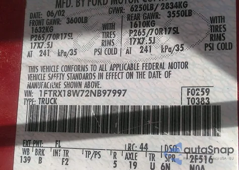 2002 Ford F-150 Lariat/Xl/Xlt z USA, uszkodzony, nr VIN 1FTRX18W72NB97997